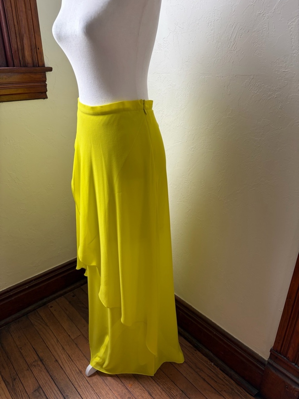 Bebe Neon Yellow Asymmetrical Maxi Skirt Sheer Overlay High Low Size 6 - Picture 5 of 10
